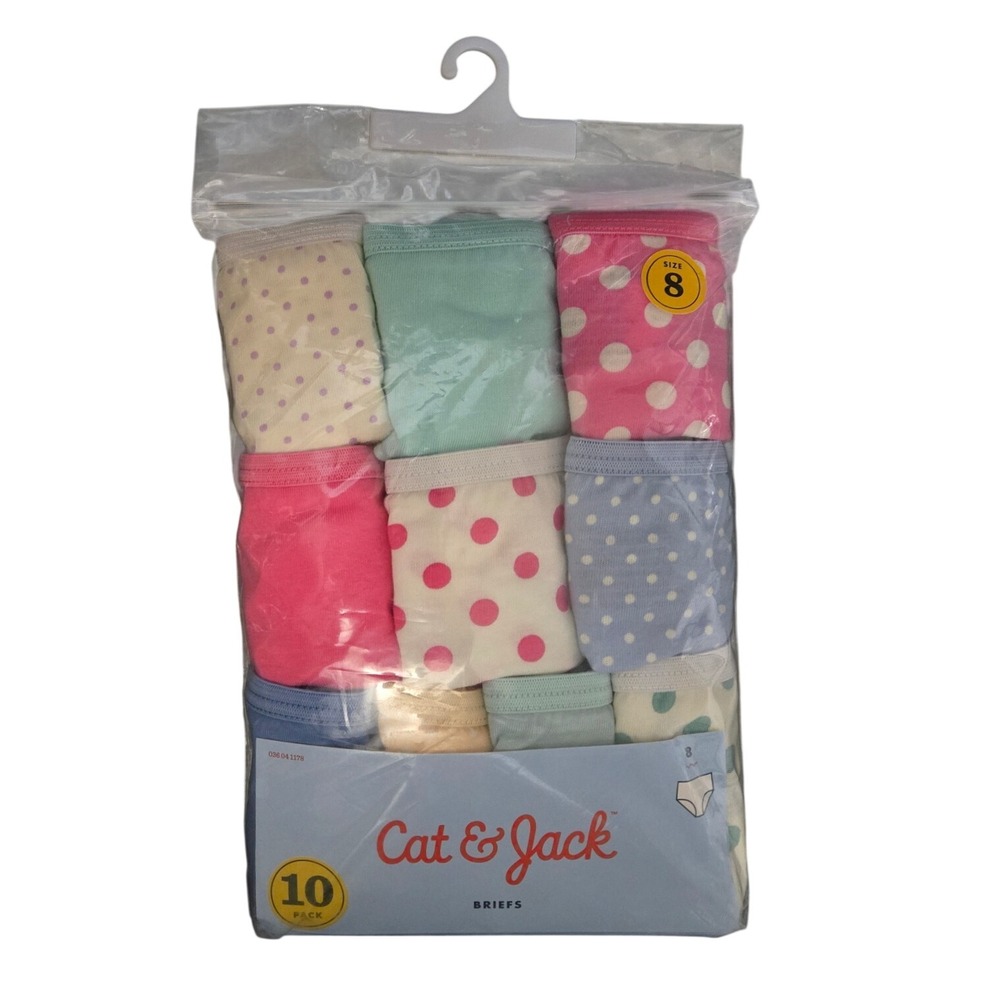 Cat & Jack Girls 10 Pack Cotton Briefs Underwear Size 8 Polka Dot Solid Multi